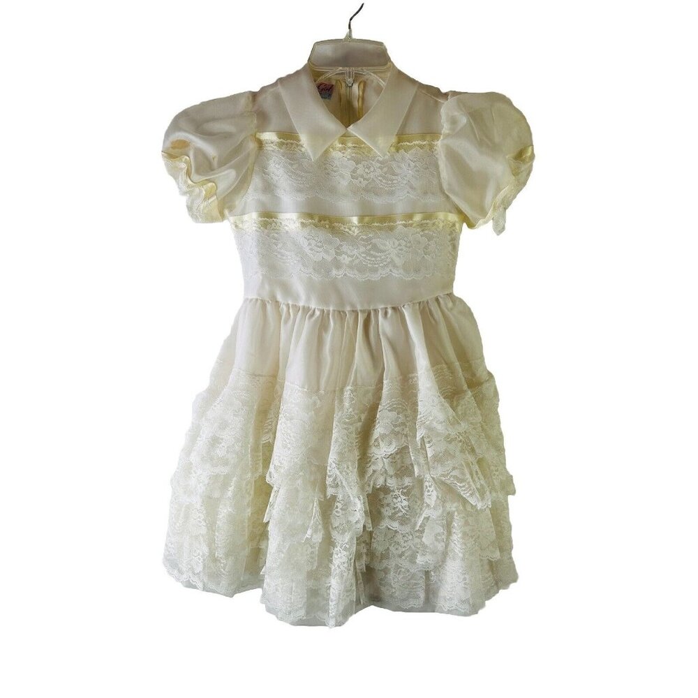 VTG 70s Merry Girl Kids Girls 7 Frilly Ruffled Lace Pointed Collar Dress USA